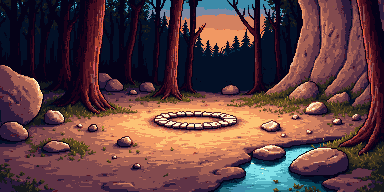 Pixel-art woodland clearing at sunset, with a stone fire ring beside a stream.