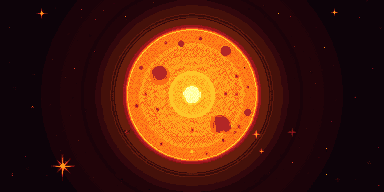 A distant orange star rendered in pixel art.